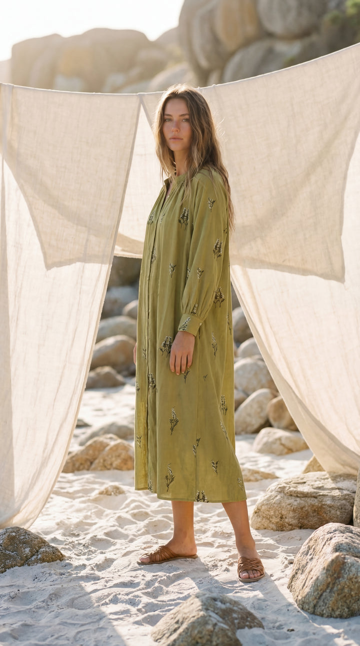 Shunita Embroidered Organic Cotton Long Maxi Dress Green