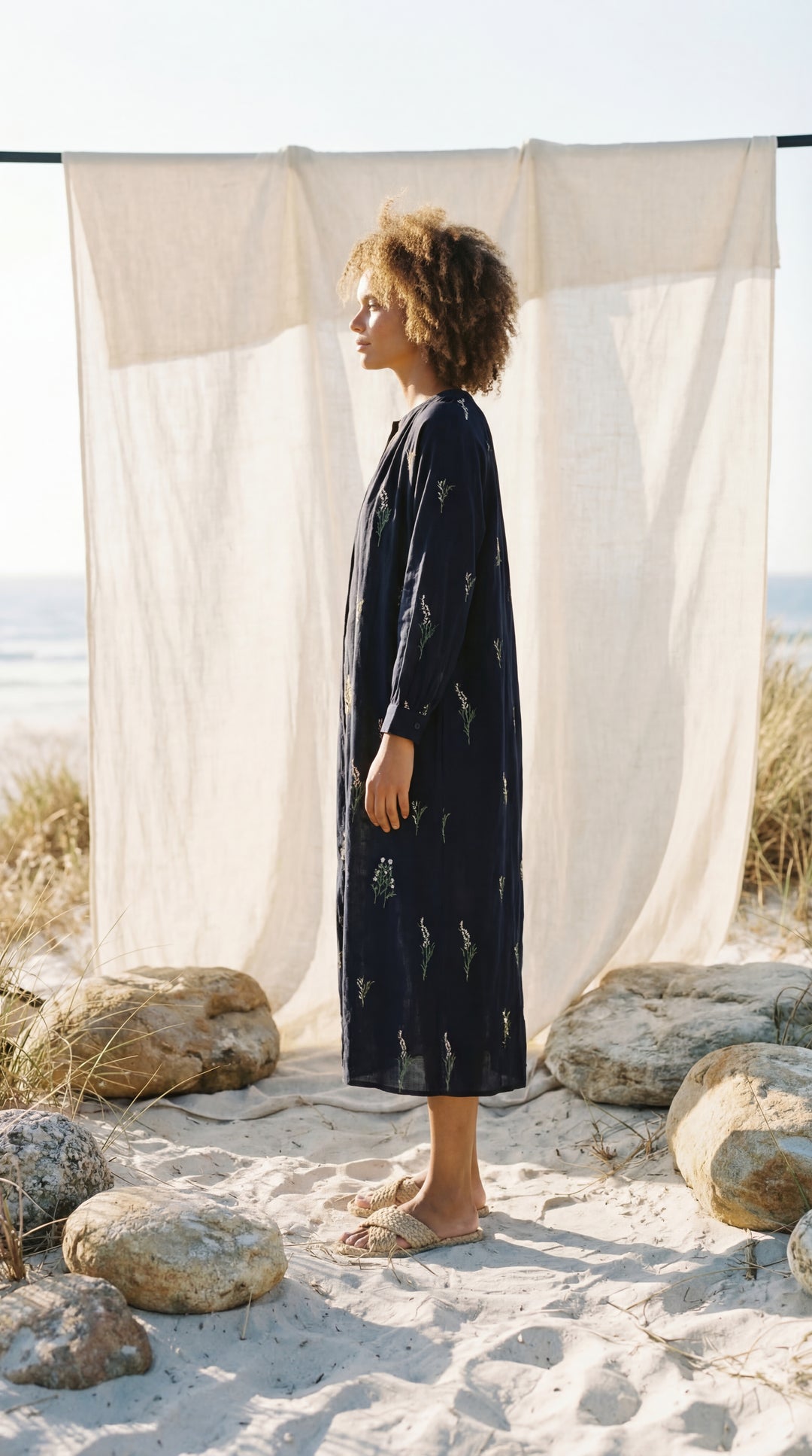 Shunita Embroidered Organic Cotton Long Maxi Dress Green