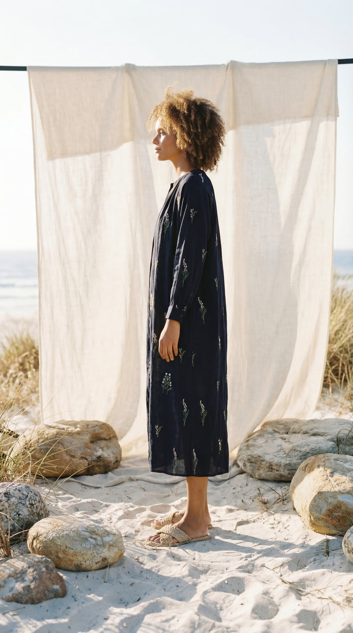 Shunita Embroidered Organic Cotton Long Maxi Dress Green