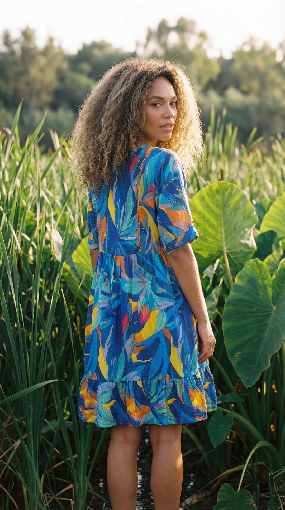 Flora Bloom Organic Cotton Block Print Mini Dress – Tiered Boho Summer Sundress Green