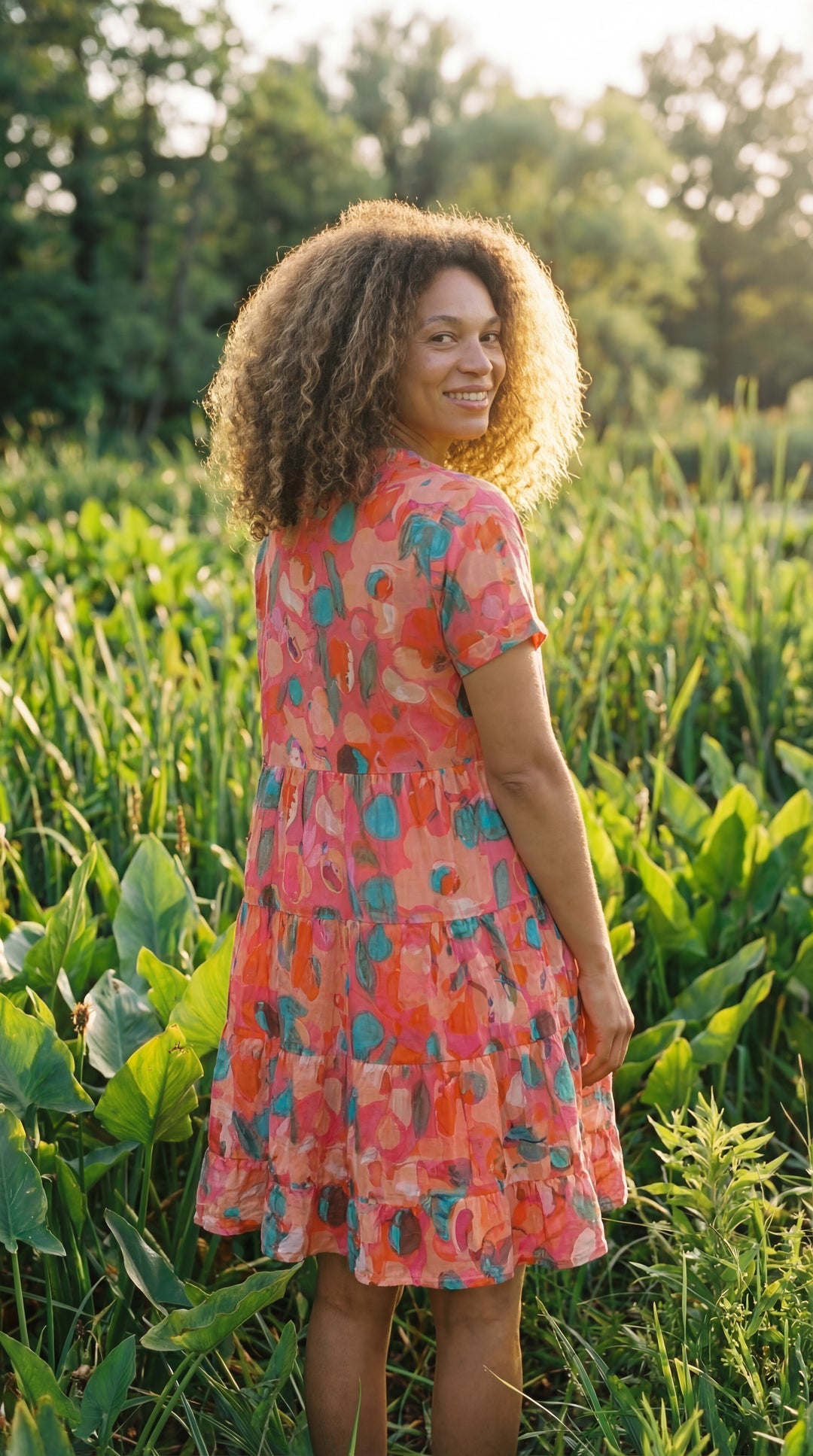 Verdant Bloom Organic Cotton Block Print Mini Dress – Tiered Boho Summer Sundress Pink
