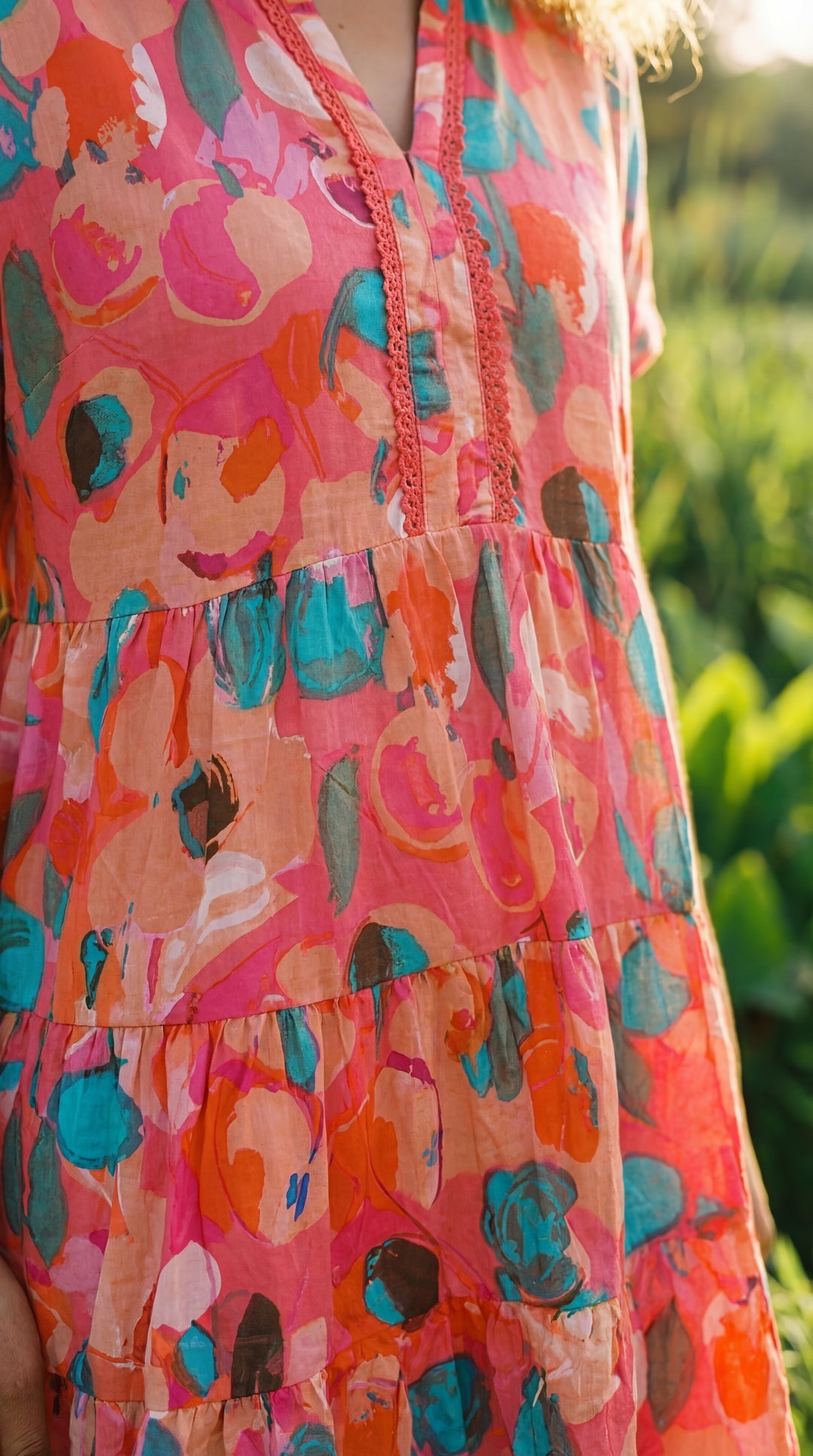 Verdant Bloom Organic Cotton Block Print Mini Dress – Tiered Boho Summer Sundress Pink