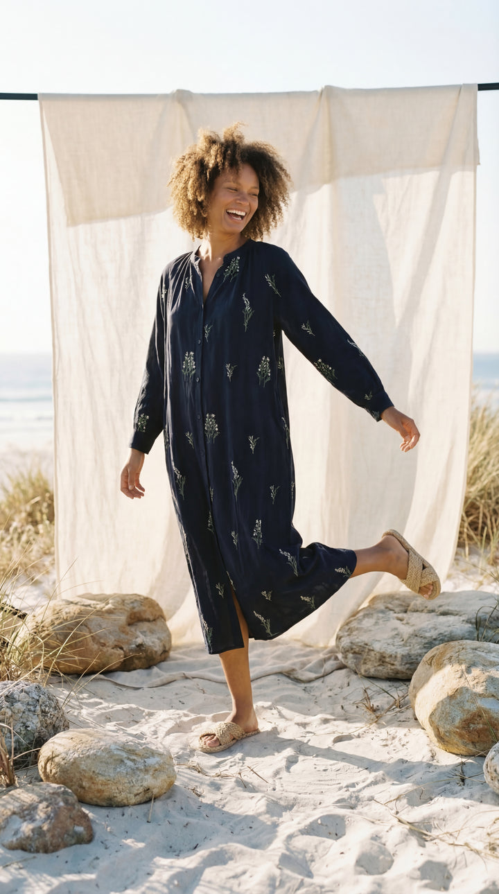 Shunita Embroidered Organic Cotton Long Maxi Dress Green