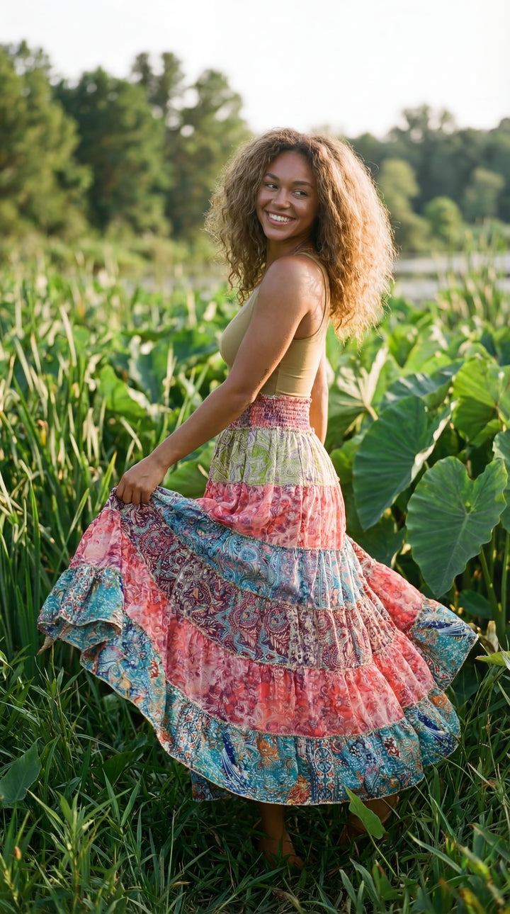 Boho Silk Maxi Skirt: Patchwork Paisley Print, Sari Frill Detail Plus Size