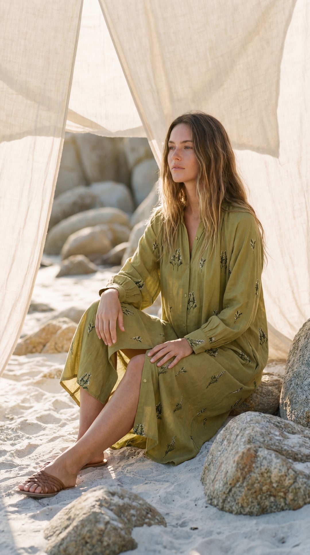 Shunita Embroidered Organic Cotton Long Maxi Dress Green