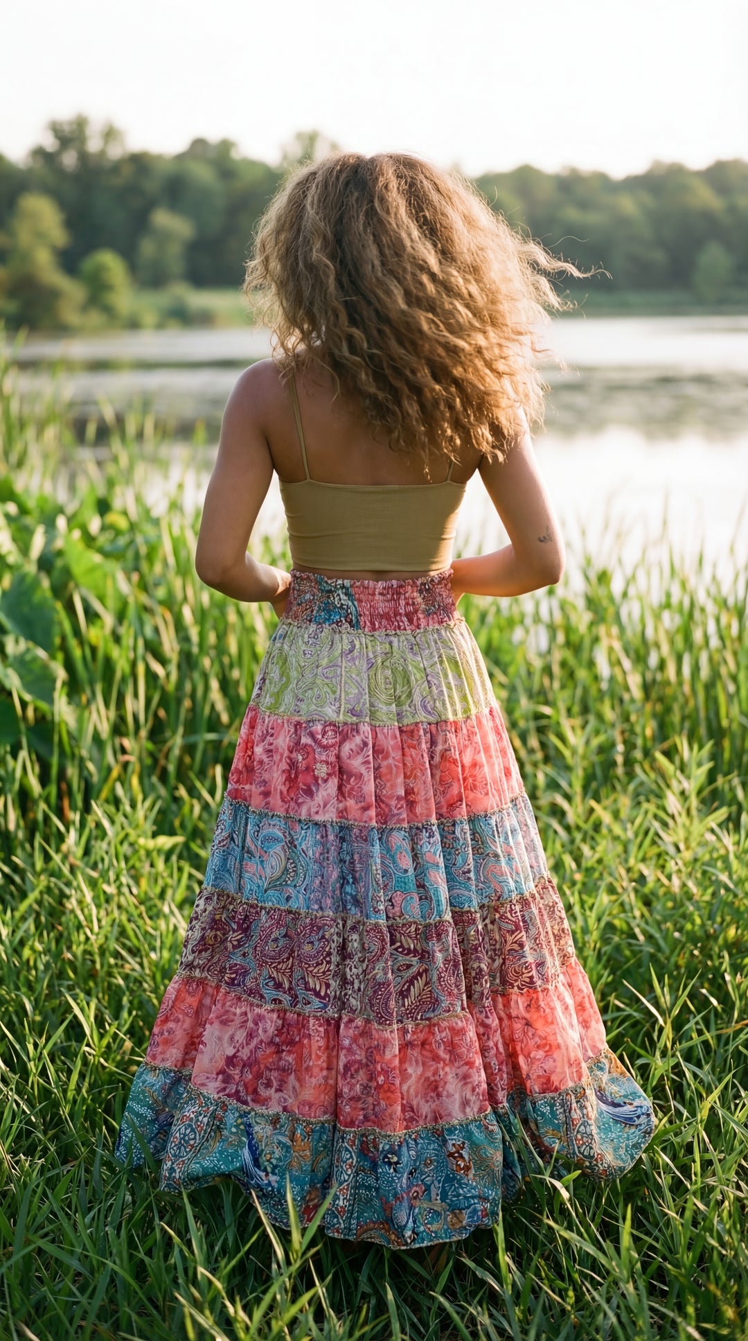 Boho Silk Maxi Skirt: Patchwork Paisley Print, Sari Frill Detail Plus Size