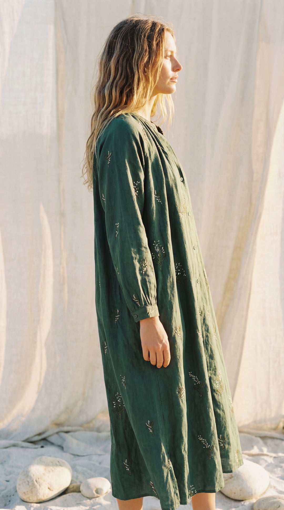 Shunita Embroidered Organic Cotton Long Maxi Dress Green