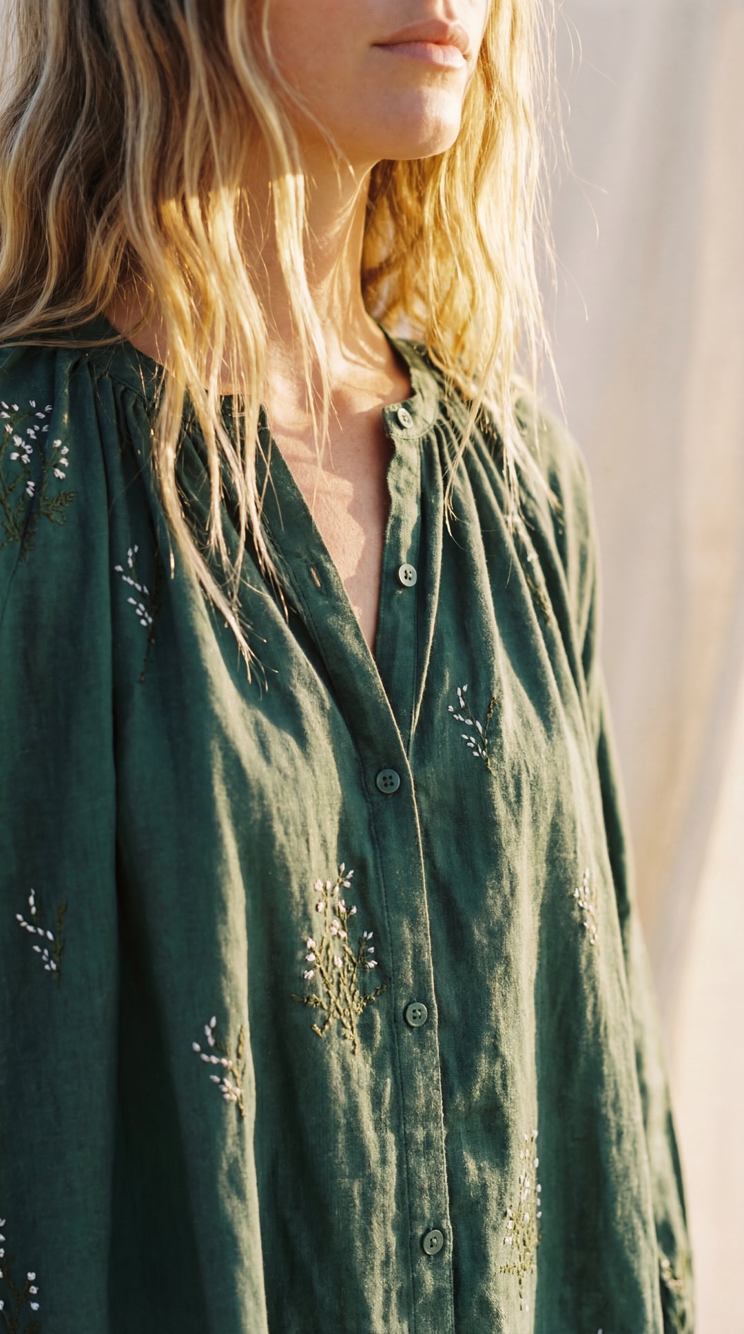 Shunita Embroidered Organic Cotton Long Maxi Dress Green
