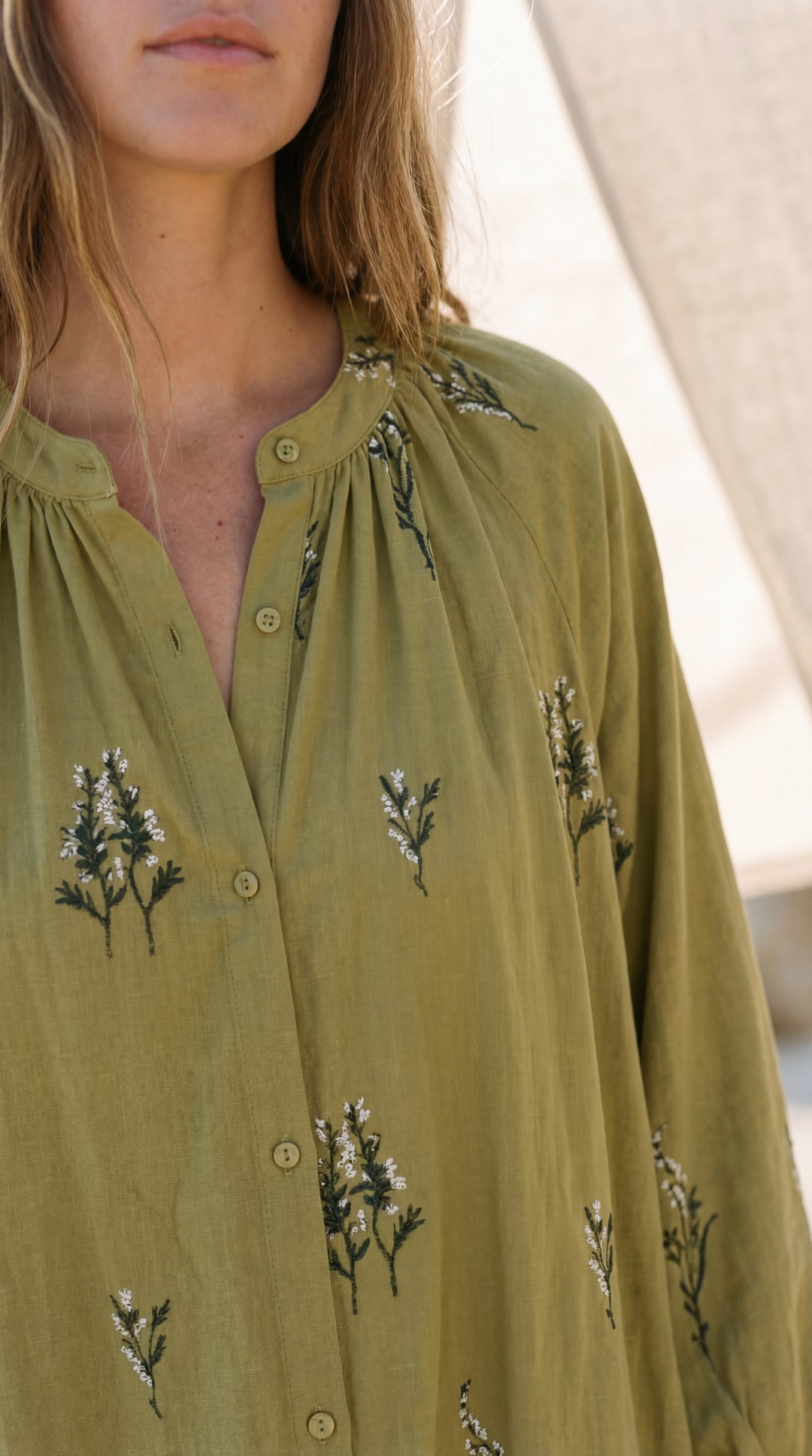 Shunita Embroidered Organic Cotton Long Maxi Dress Green