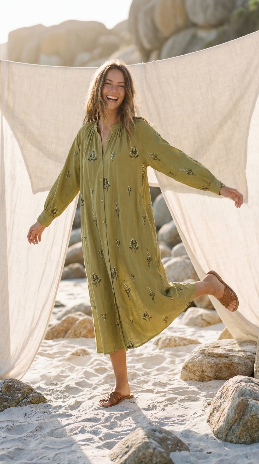 Shunita Embroidered Organic Cotton Long Maxi Dress Green