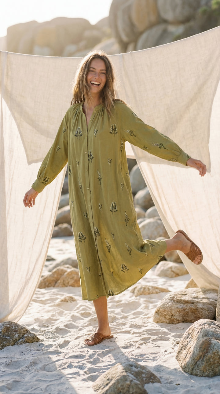 Shunita Embroidered Organic Cotton Long Maxi Dress Green