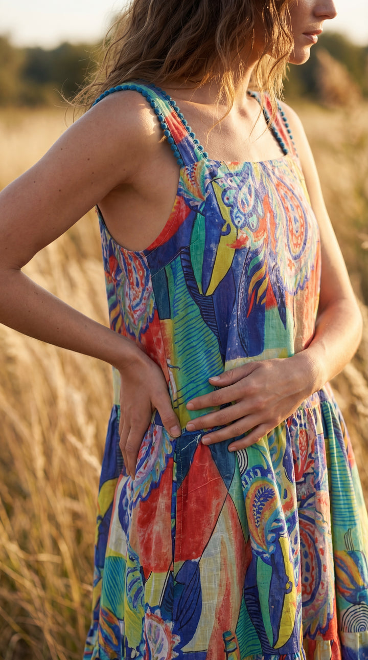 Flora Sundress Organic Cotton Batonical Print Strap Maxi Dress