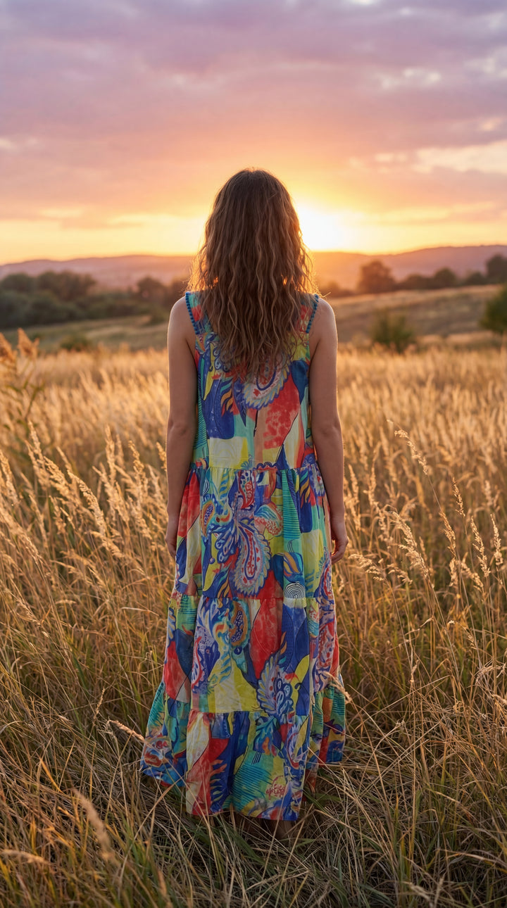 Flora Sundress Organic Cotton Batonical Print Strap Maxi Dress
