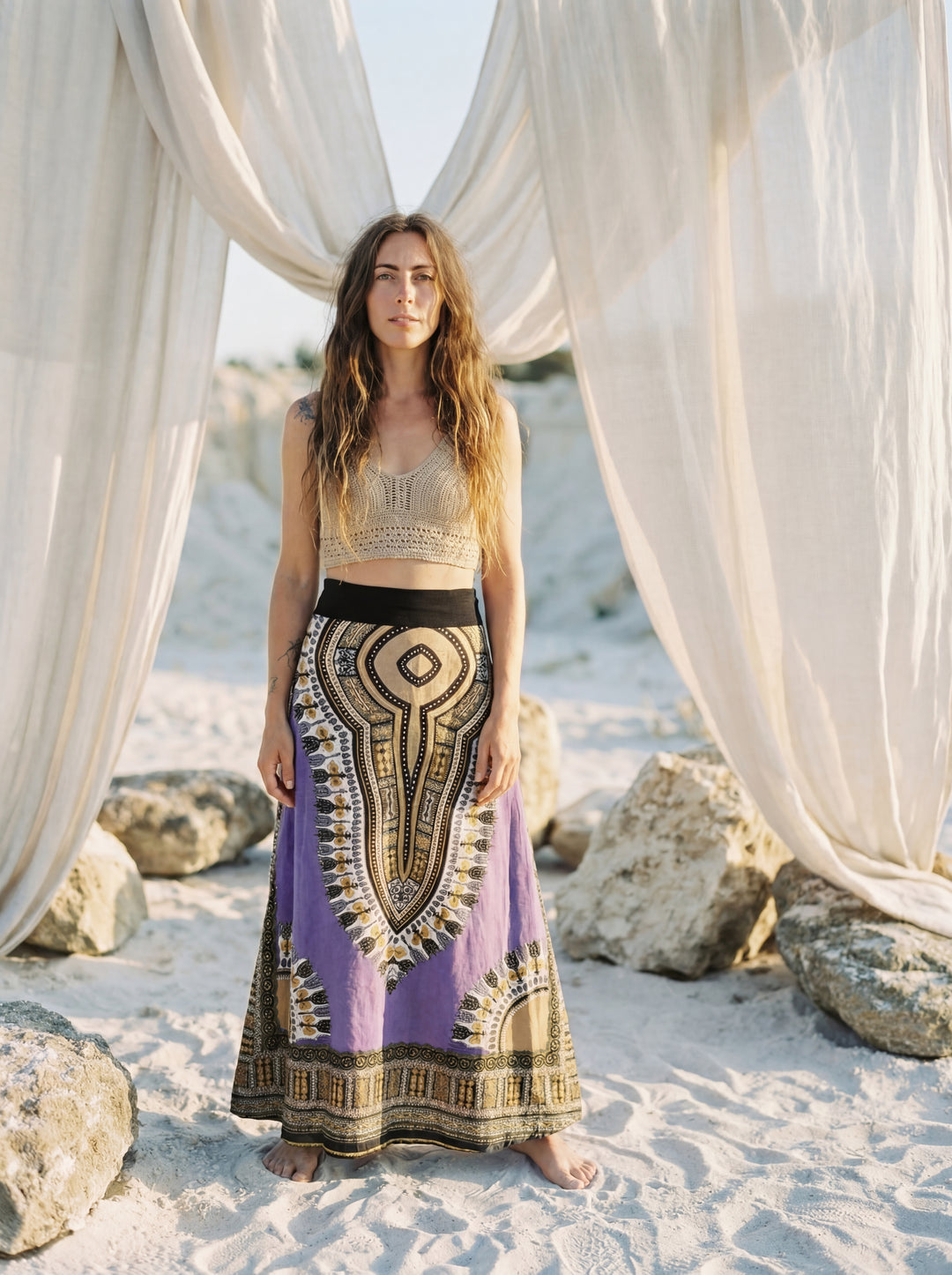 African Print Cotton Maxi Skirt, Tribal A-Line Festival Clothing