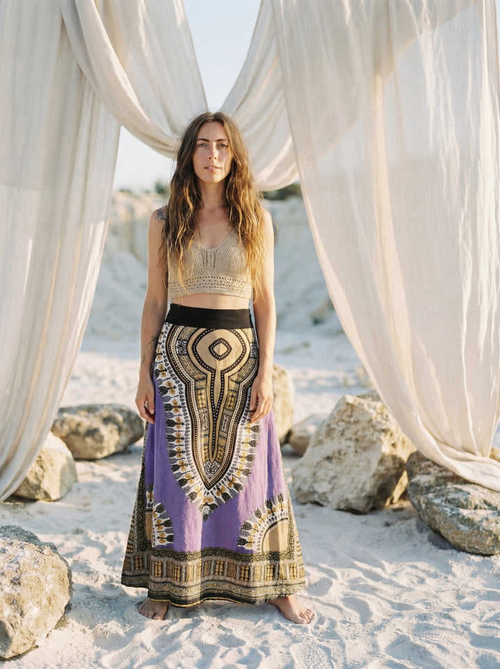 African Print Cotton Maxi Skirt, Tribal A-Line Festival Clothing