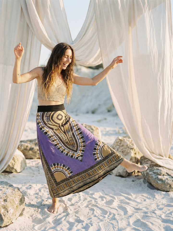 African Print Cotton Maxi Skirt, Tribal A-Line Festival Clothing