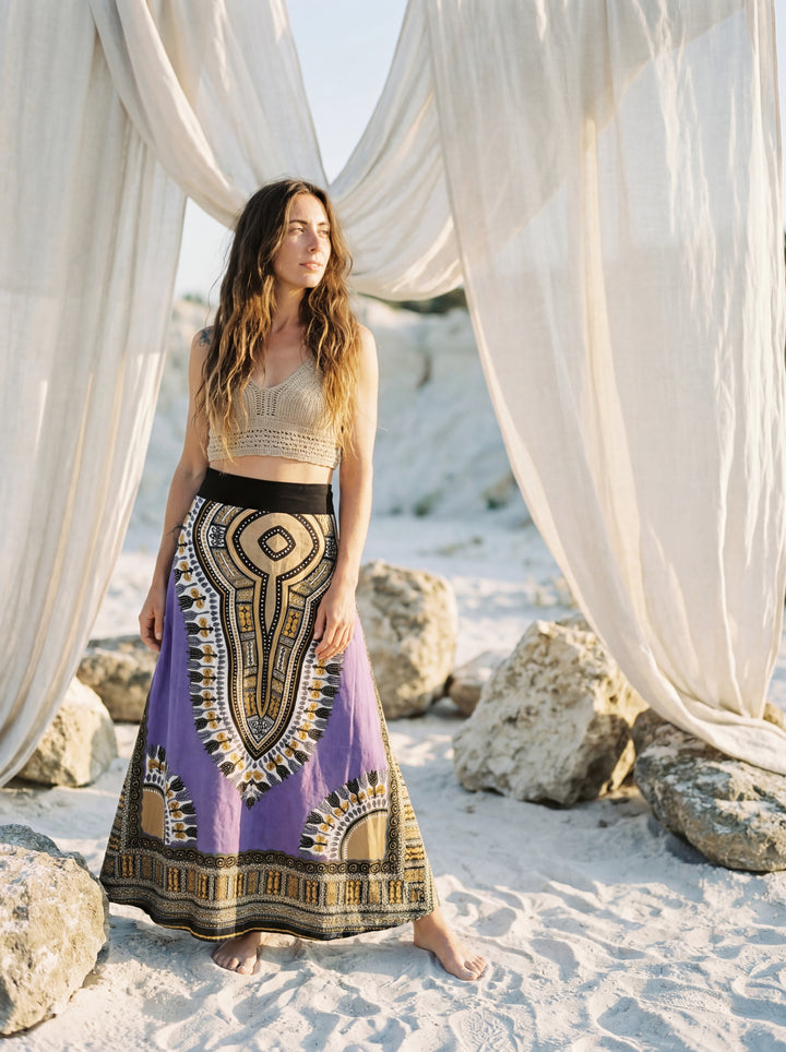 African Print Cotton Maxi Skirt, Tribal A-Line Festival Clothing