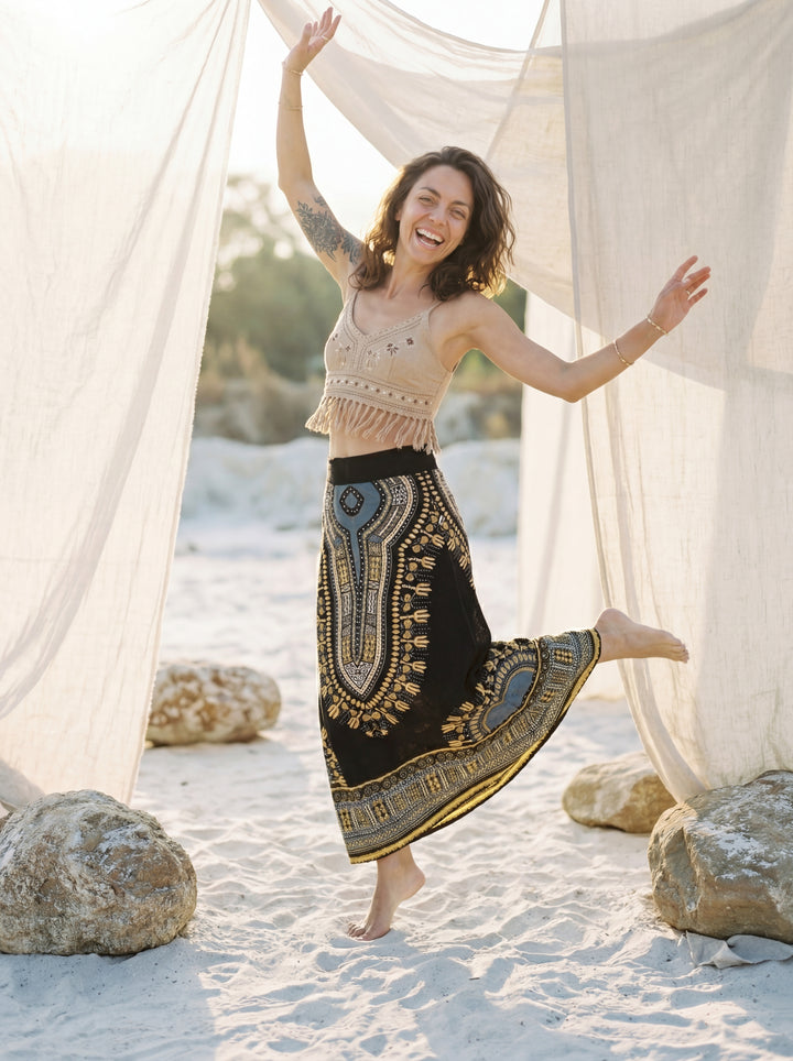African Print Cotton Maxi Skirt, Tribal A-Line Festival Clothing