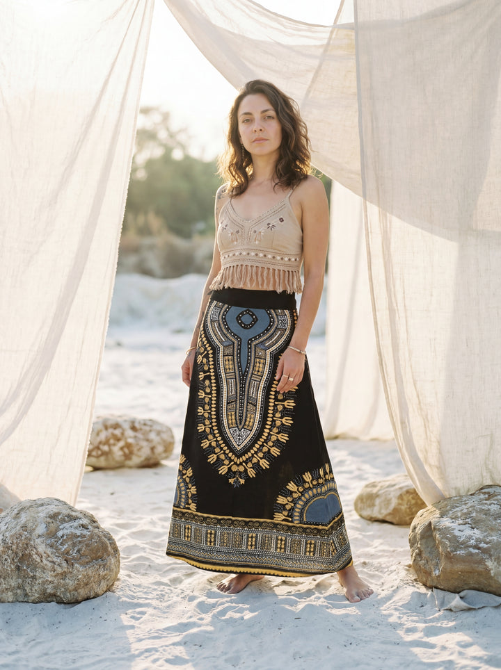 African Print Cotton Maxi Skirt, Tribal A-Line Festival Clothing
