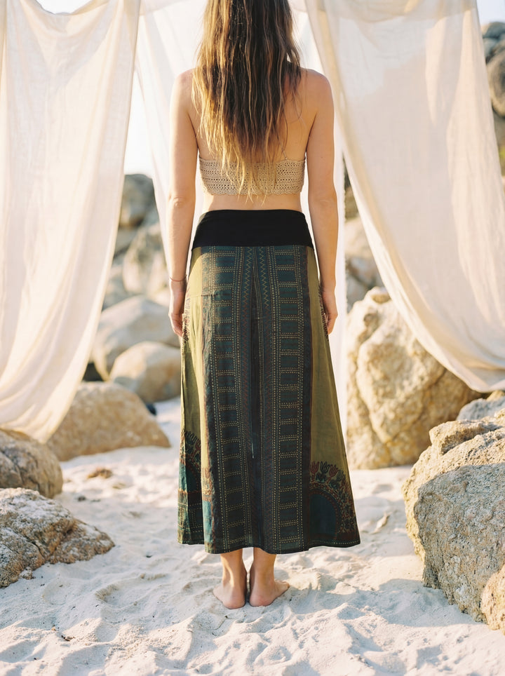 African Print Cotton Maxi Skirt, Tribal A-Line Festival Clothing