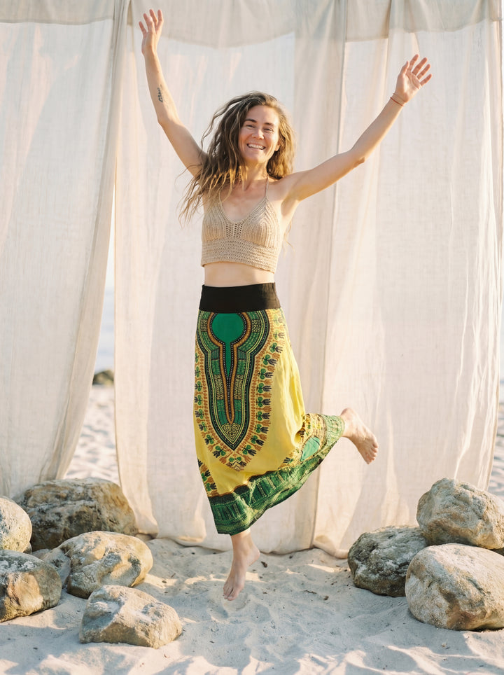 African Print Cotton Maxi Skirt, Tribal A-Line Festival Clothing