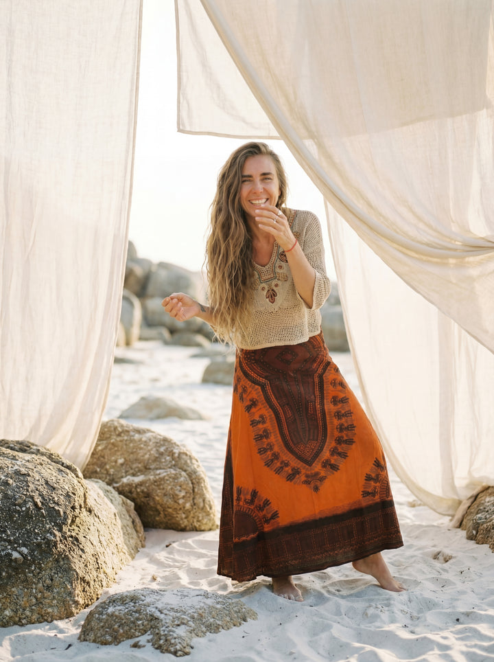 African Print Cotton Maxi Skirt, Tribal A-Line Festival Clothing