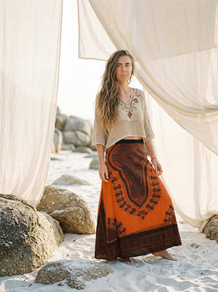 African Print Cotton Maxi Skirt, Tribal A-Line Festival Clothing