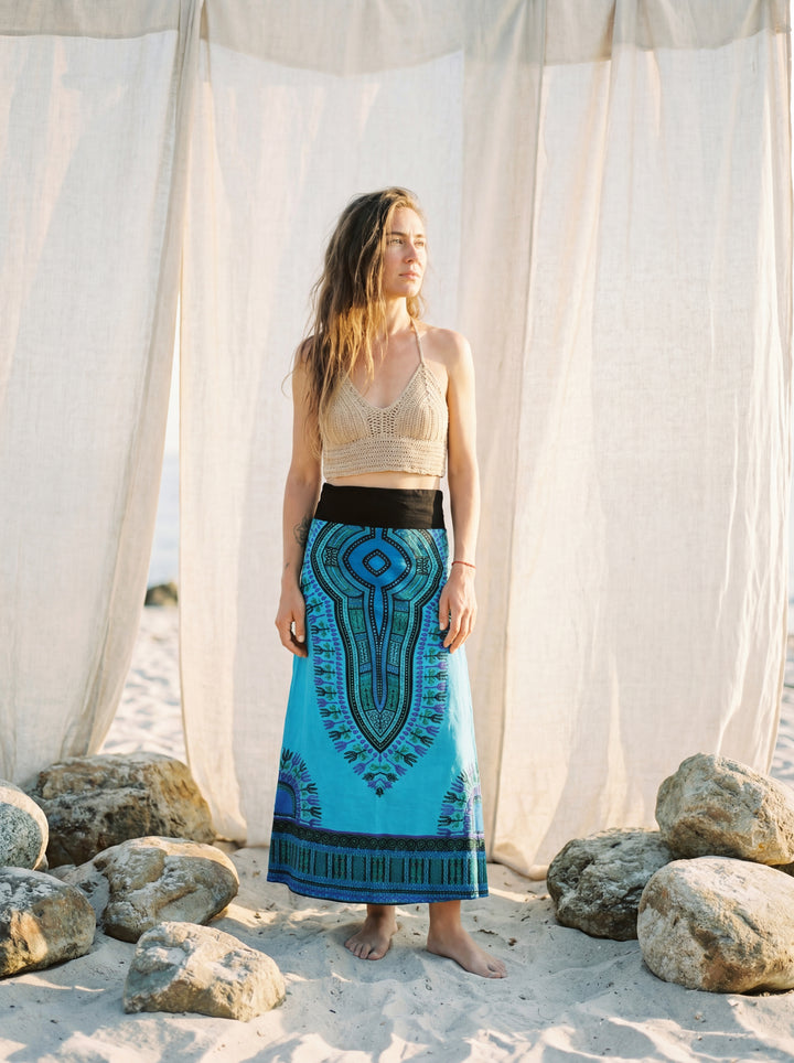 African Print Cotton Maxi Skirt, Tribal A-Line Festival Clothing