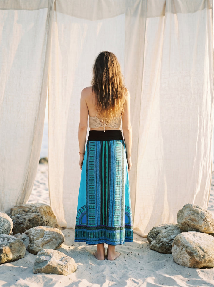 African Print Cotton Maxi Skirt, Tribal A-Line Festival Clothing