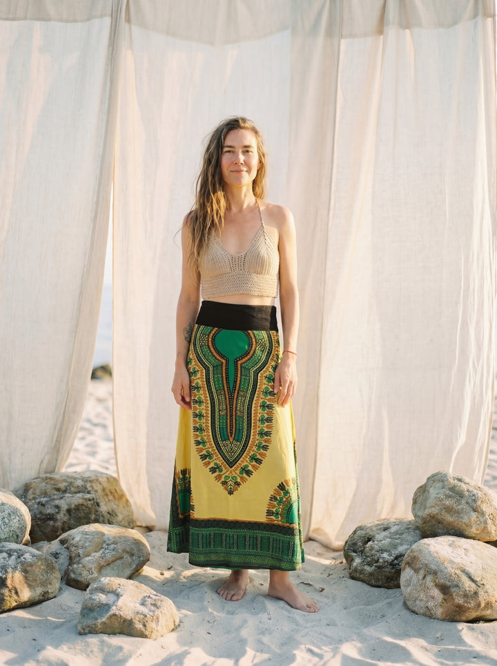African Print Cotton Maxi Skirt, Tribal A-Line Festival Clothing