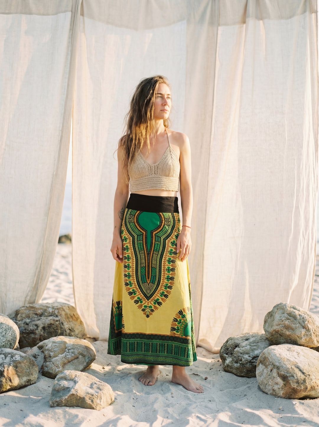African Print Cotton Maxi Skirt, Tribal A-Line Festival Clothing