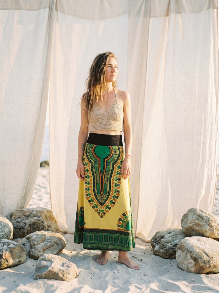 African Print Cotton Maxi Skirt, Tribal A-Line Festival Clothing