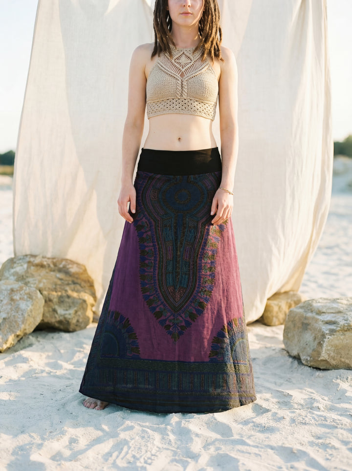African Print Cotton Maxi Skirt, Tribal A-Line Festival Clothing