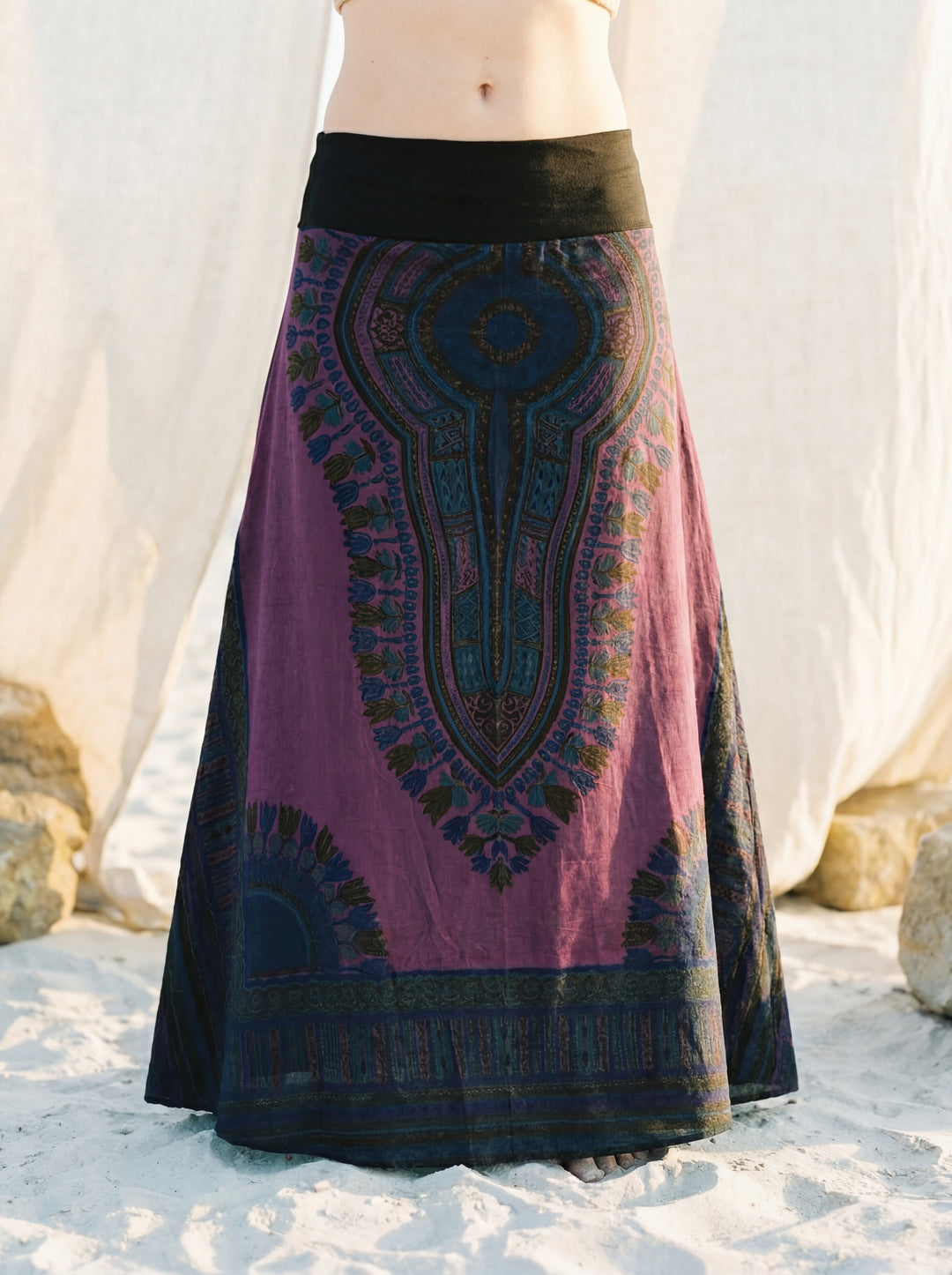 African Print Cotton Maxi Skirt, Tribal A-Line Festival Clothing