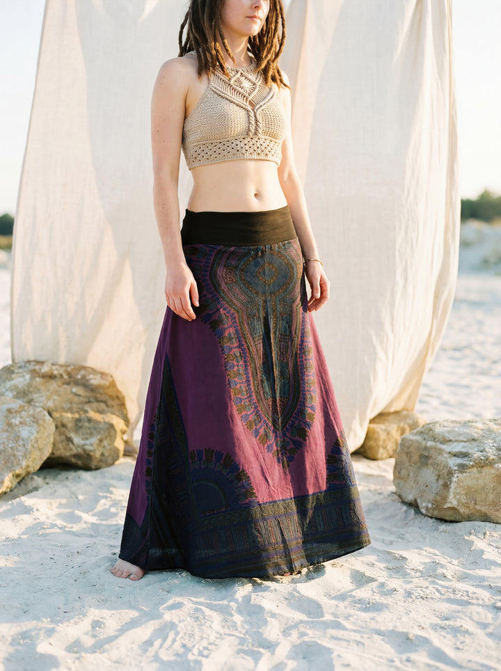 African Print Cotton Maxi Skirt, Tribal A-Line Festival Clothing