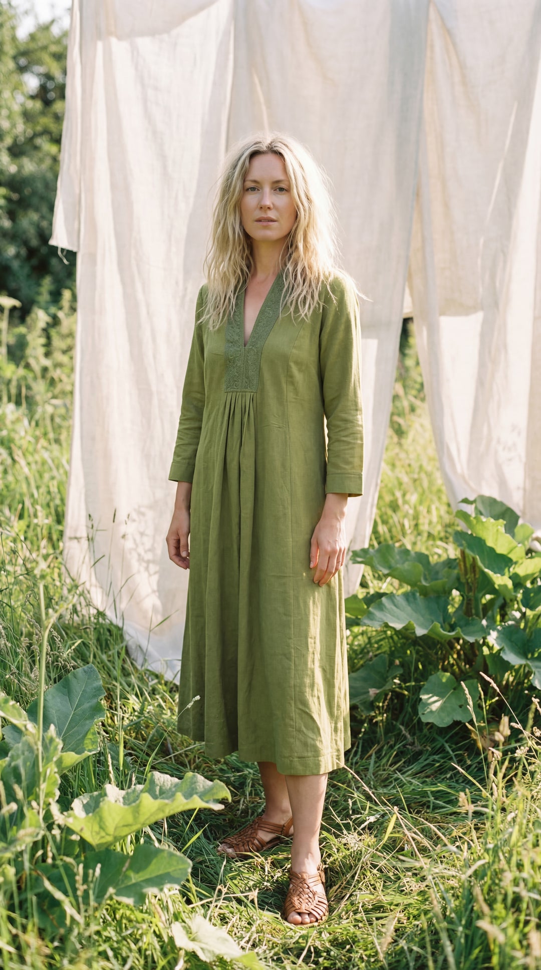 Serene Organic Cotton Midi Dress – Hand-Embroidered Neckline Boho Black