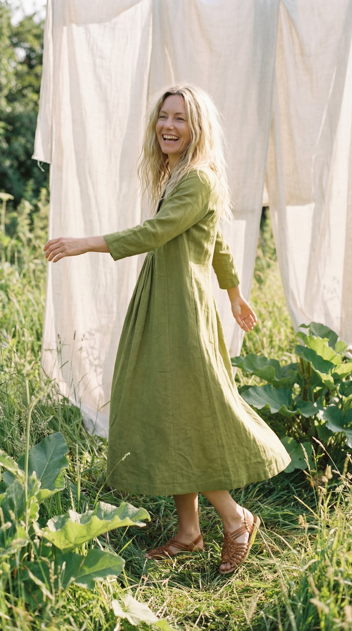 Serene Organic Cotton Midi Dress – Hand-Embroidered Neckline Boho Black