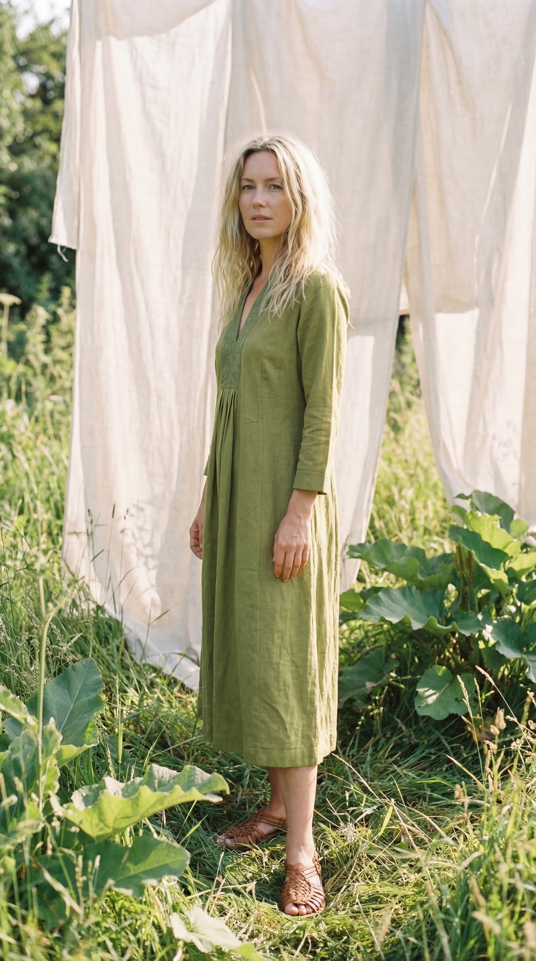 Serene Organic Cotton Midi Dress – Hand-Embroidered Neckline Boho Black