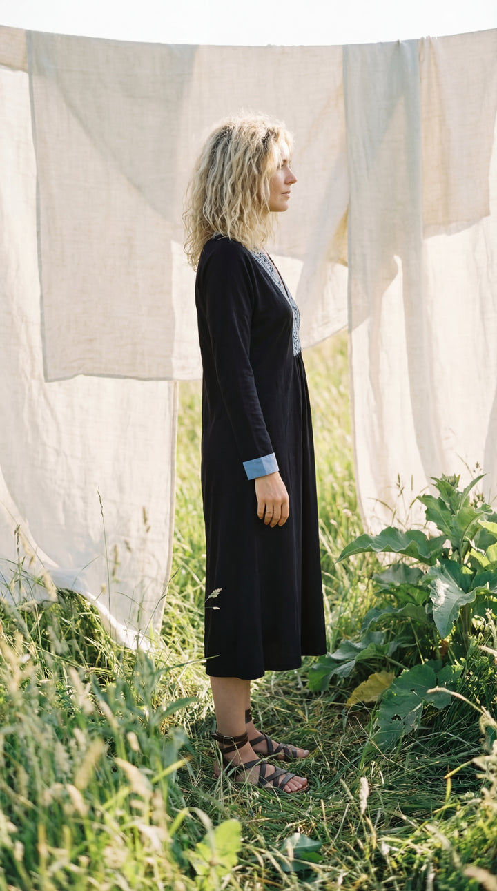 Serene Organic Cotton Midi Dress – Hand-Embroidered Neckline Boho Black