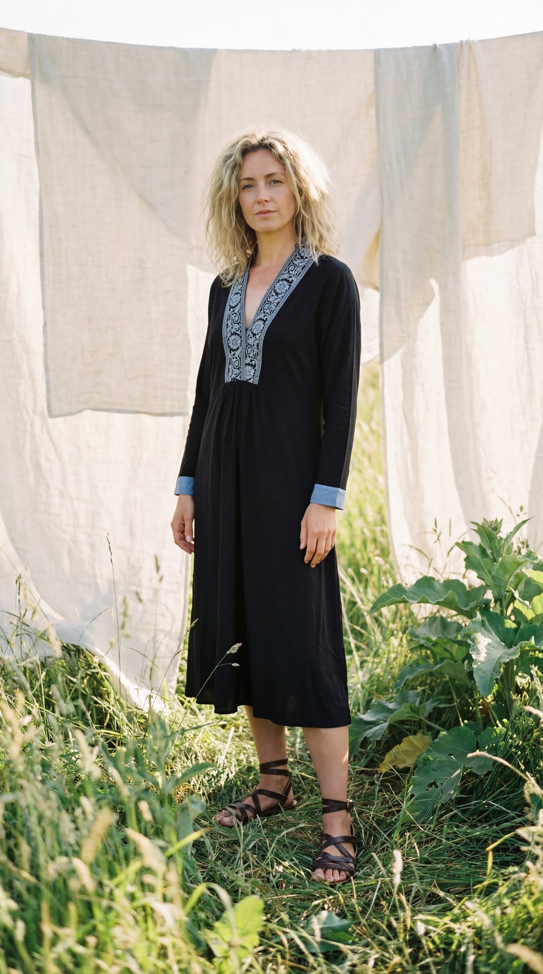 Serene Organic Cotton Midi Dress – Hand-Embroidered Neckline Boho Black