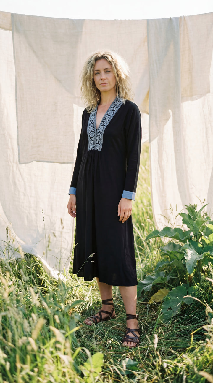 Serene Organic Cotton Midi Dress – Hand-Embroidered Neckline Boho Black
