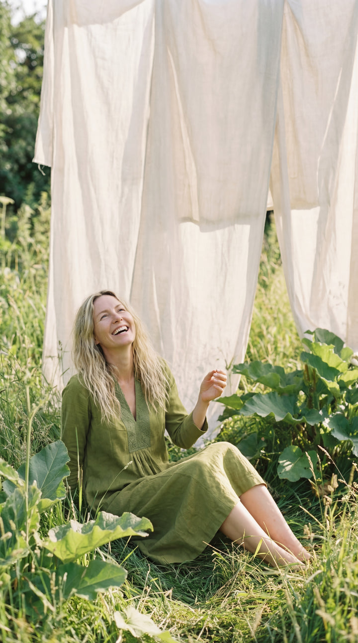 Serene Organic Cotton Midi Dress – Hand-Embroidered Neckline Boho Black