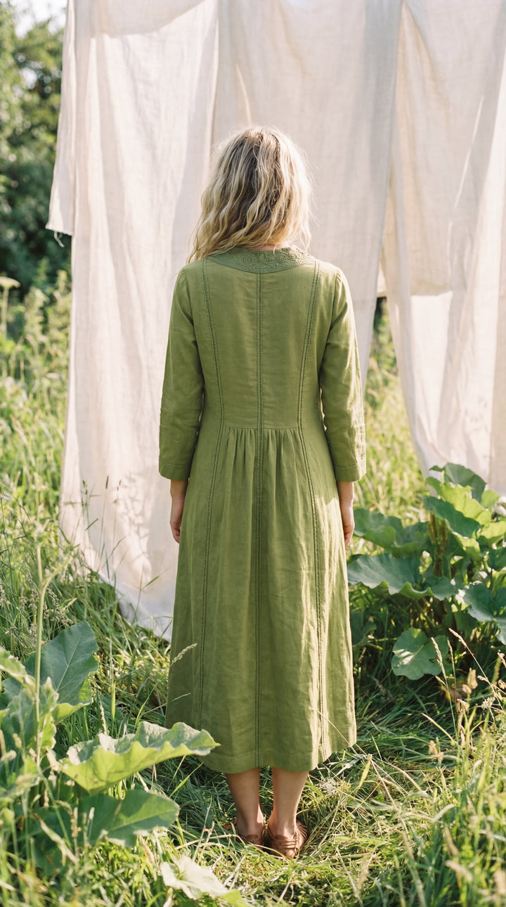 Serene Organic Cotton Midi Dress – Hand-Embroidered Neckline Boho Black