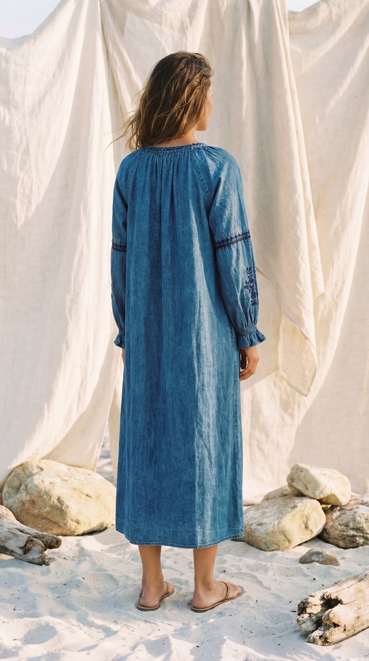 Shunita Embroidered Organic Cotton Denim Long Maxi Dress