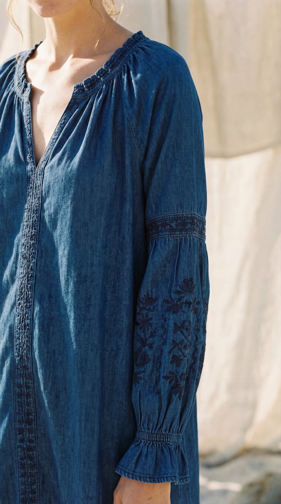 Shunita Embroidered Organic Cotton Denim Long Maxi Dress