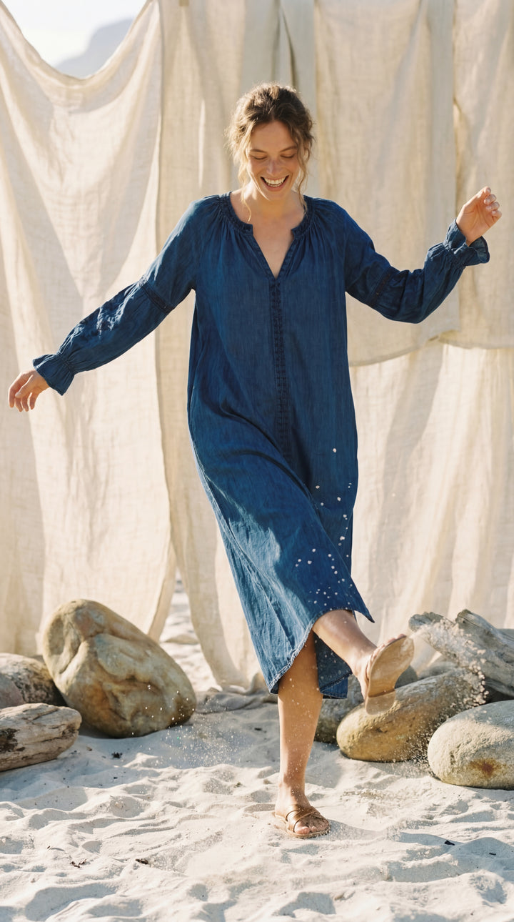 Shunita Embroidered Organic Cotton Denim Long Maxi Dress