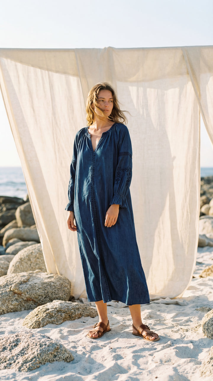 Shunita Embroidered Organic Cotton Denim Long Maxi Dress