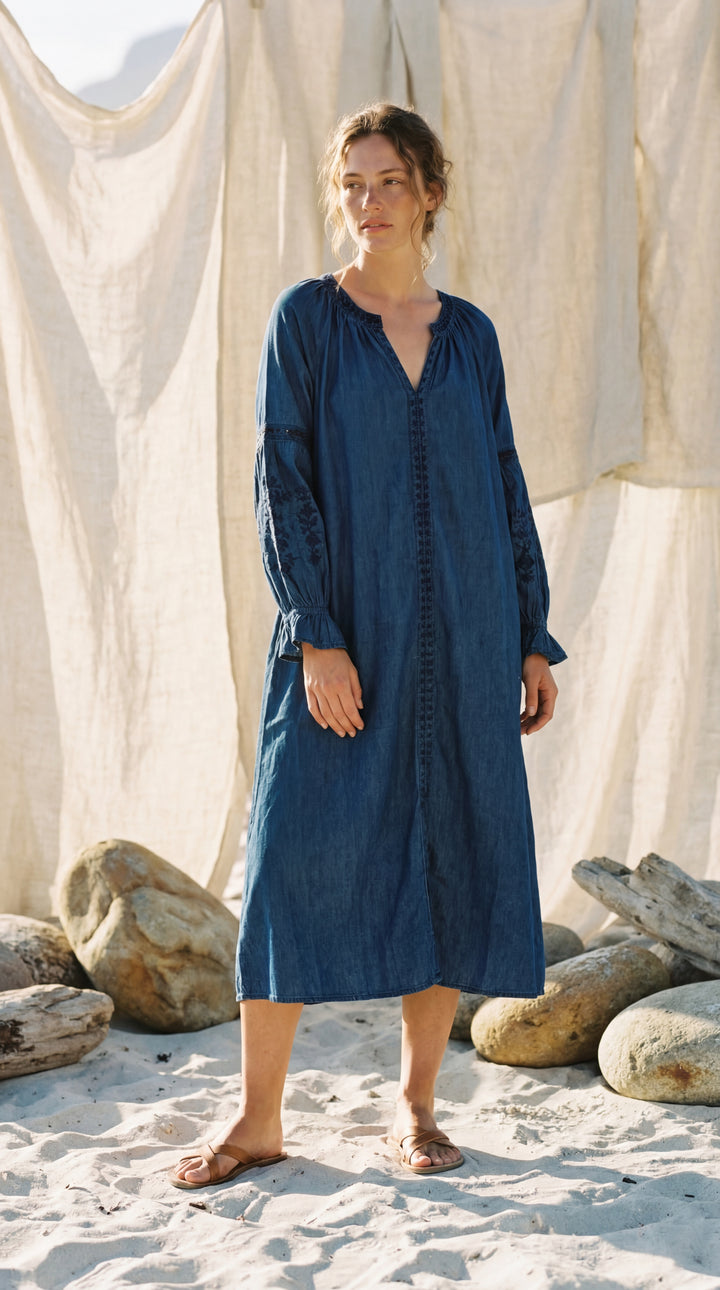 Shunita Embroidered Organic Cotton Denim Long Maxi Dress