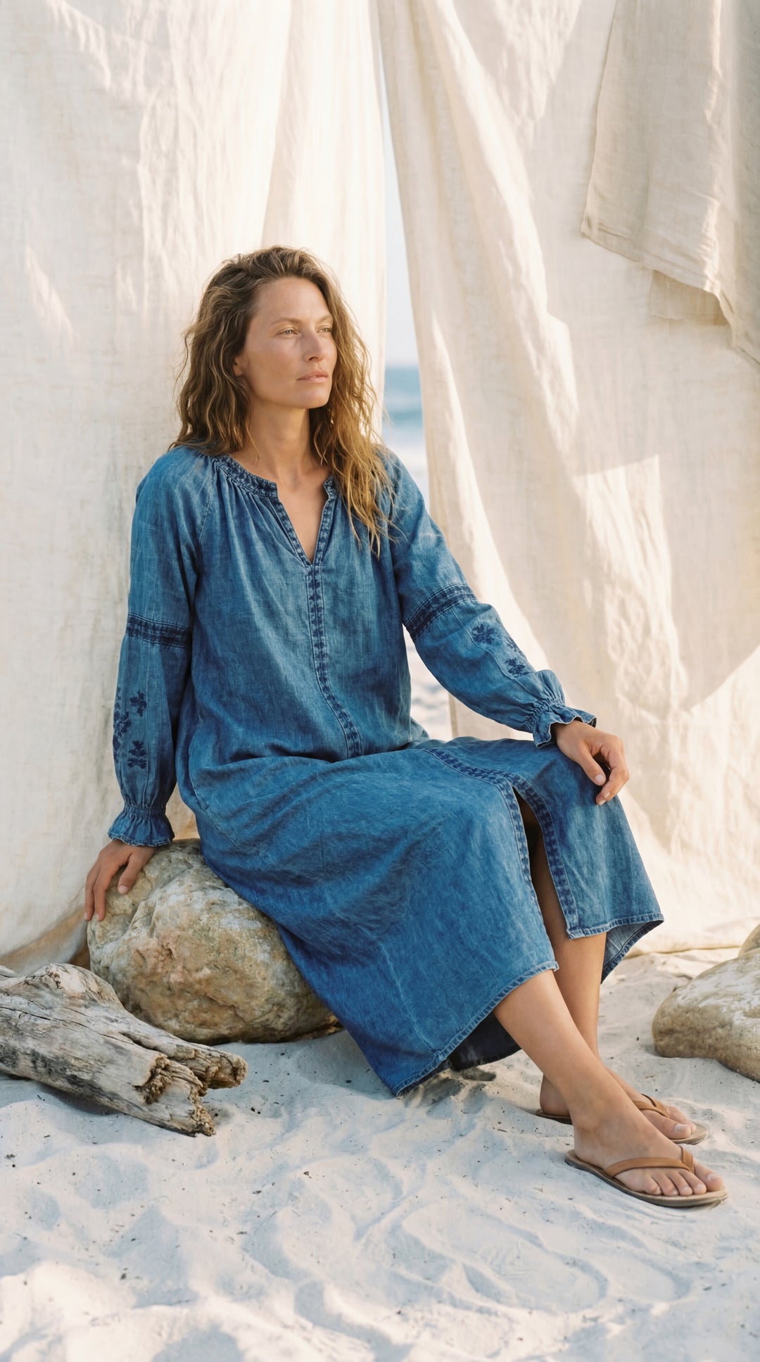 Shunita Embroidered Organic Cotton Denim Long Maxi Dress