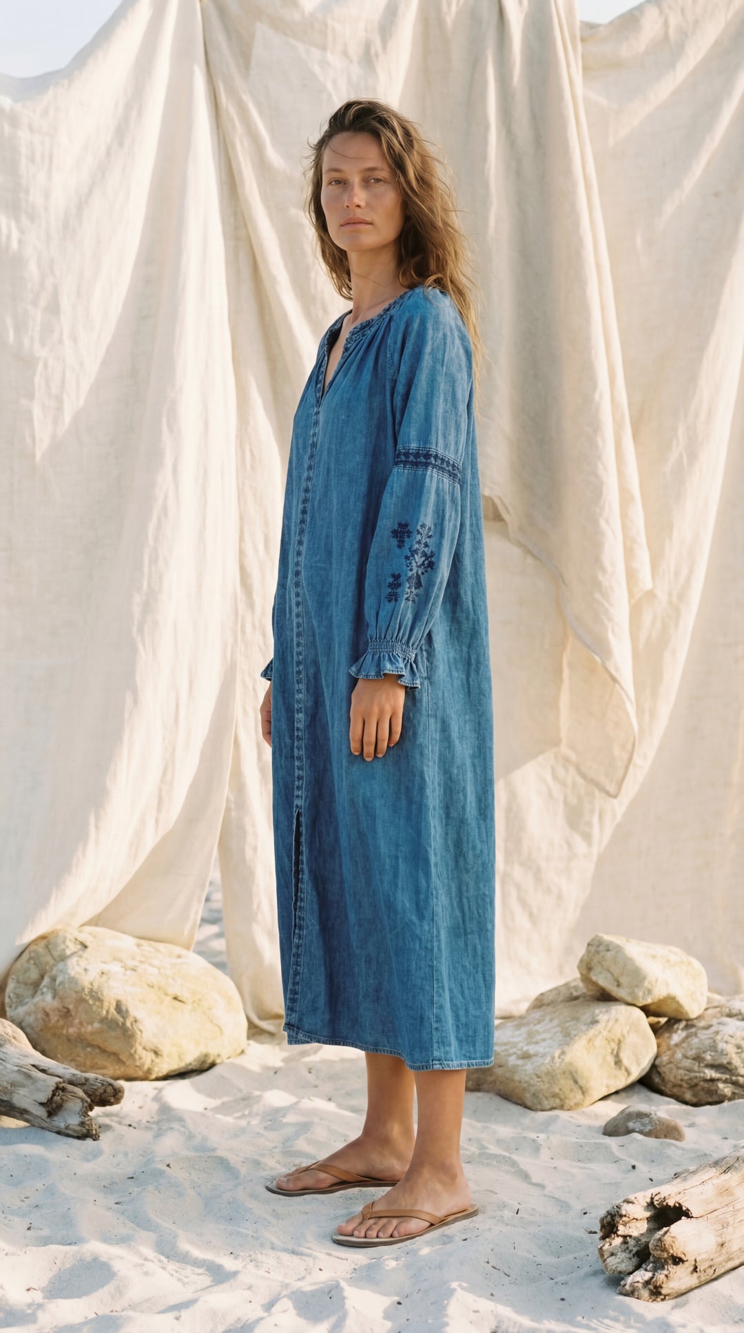Shunita Embroidered Organic Cotton Denim Long Maxi Dress